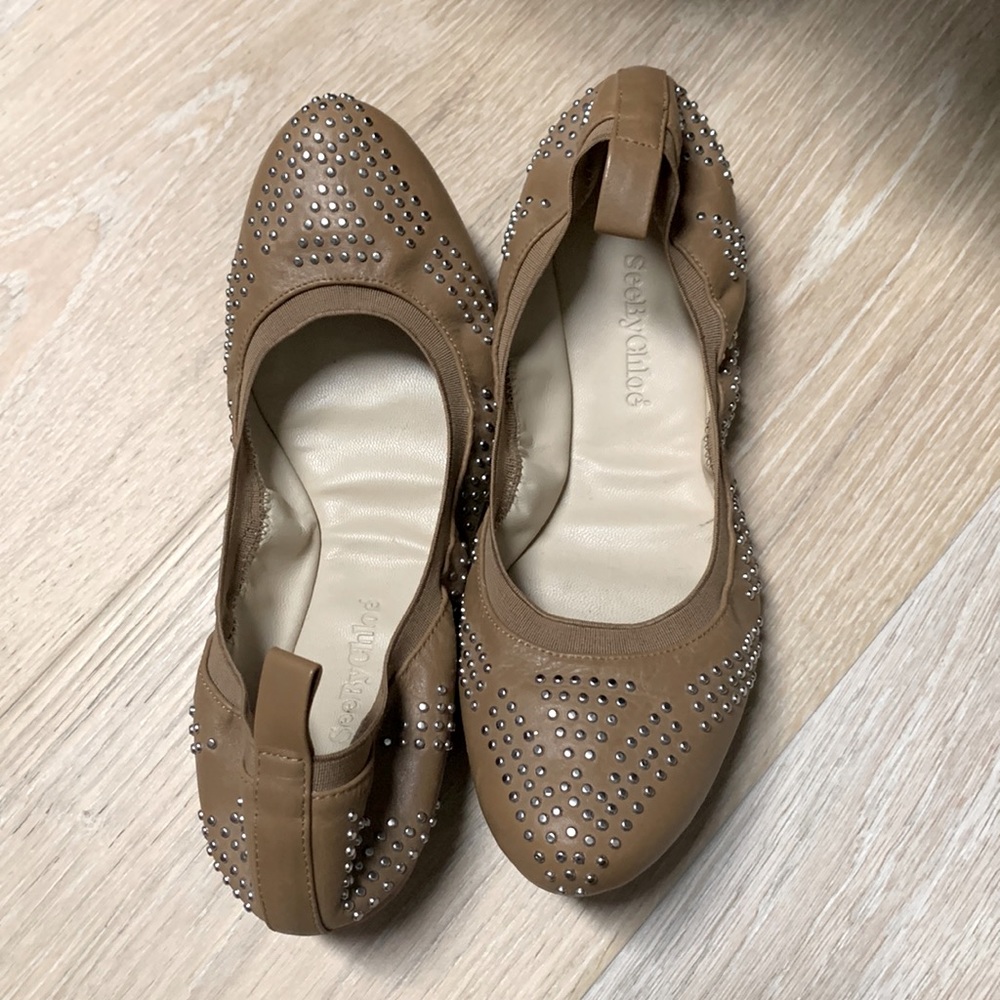 SeeByChloe Tan Studded Ballet Flats